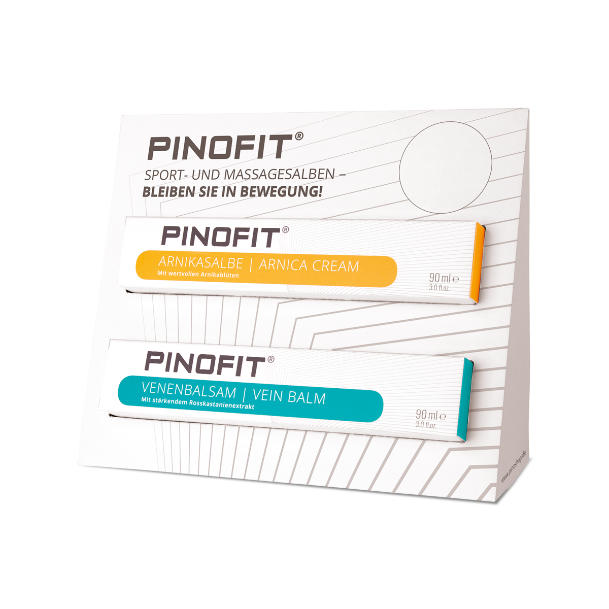 PINOFIT Sportsalben Verkaufsdisplay mit Platz für zwei Salben. Lieferung ohne Inhalt.
