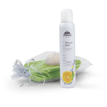 Lemon Tonic Duschschaum, Sisal Handschuh und Handtuch im Organzabeutel