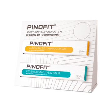 PINOFIT Sportsalben Verkaufsdisplay mit Platz für zwei Salben. Lieferung ohne Inhalt.